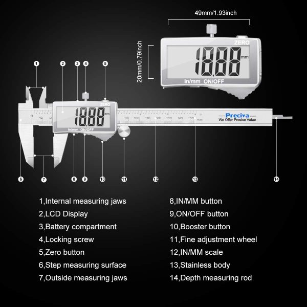 Calibro Digitale,Preciva Caliper metrico da 150 mm/6 pollice elettronico in acciaio inossidabile,resistente agli schizzi,con LCD Schermo Grande e Chiaro Pi?? Preciso e batteria di ricambio - immagine 7