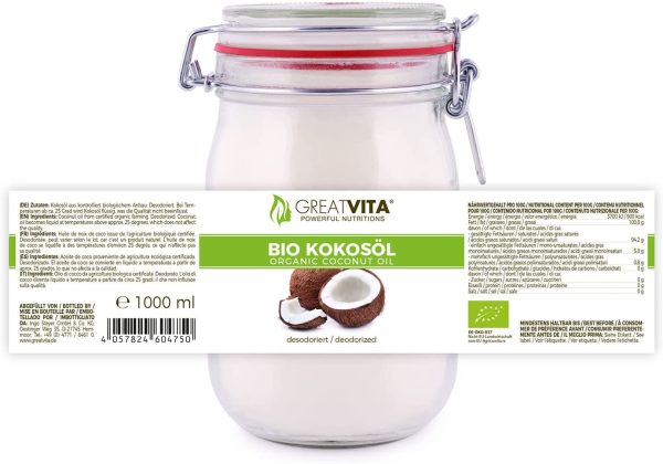 MeaVita Olio di Cocco Meavita, Insapore (Deodorato), Confezione da 1 (1X 1000 Ml) in Un Barattolo da Stiro - 1000 ml - immagine 6