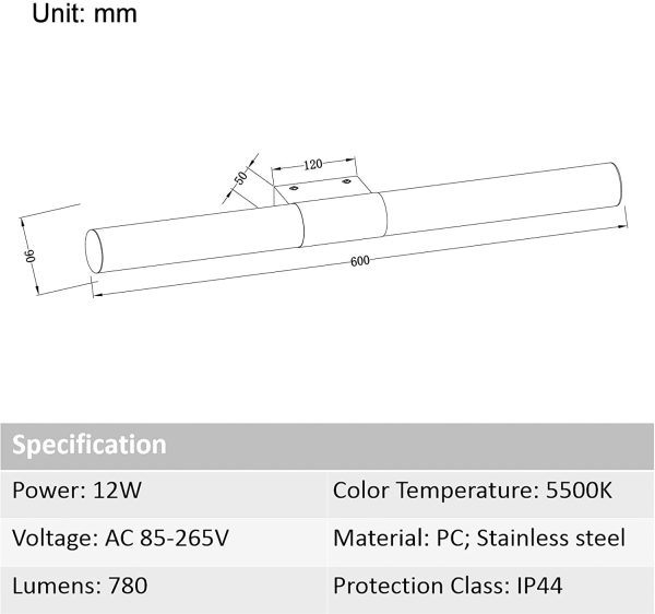 Lampada da Bagno per Specchio 12W, 60cm Applique Specchio Bagno IP44, Luce Specchio Bagno Tubolare Moderno, 780 Lumen, Bianca Fredda 5500K - immagine 7