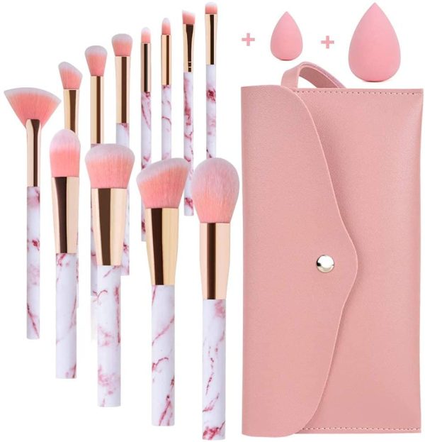 Pennelli Make Up Start Makers Professional 12Pcs Set di pennelli per trucco in marmo rosa con correttore di fondotinta Blush ombretto Pennelli per trucco Beauty Blender e borsa per il trucco