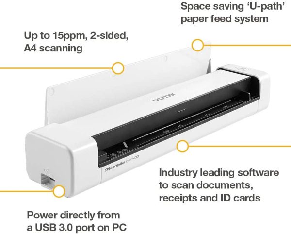 DS740D Scanner Portatile, A4 con Fronte/Retro Dual Cis, Risoluzione 600 x 600 dpi, 15 ppm B/N e Colore, Autoalimentato Tramite USB