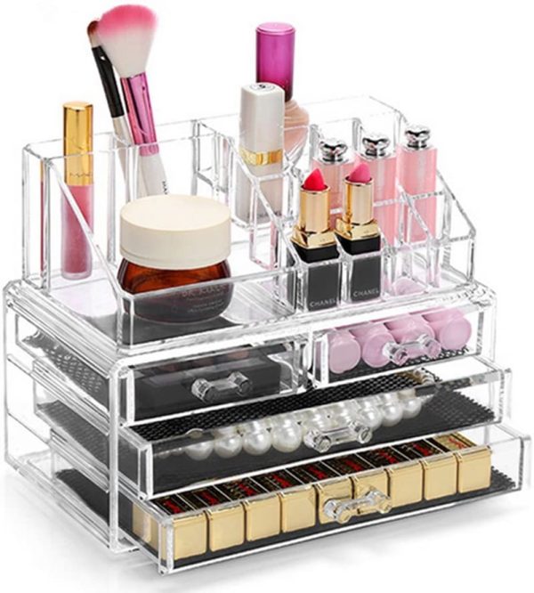 display4top cosmetico dell' organizzatore di immagazzinaggio, Make Up dell' organizzatore di immagazzinaggio Cosmetici per Bagno Desktop (4 cassettiere Traparente) - immagine 7