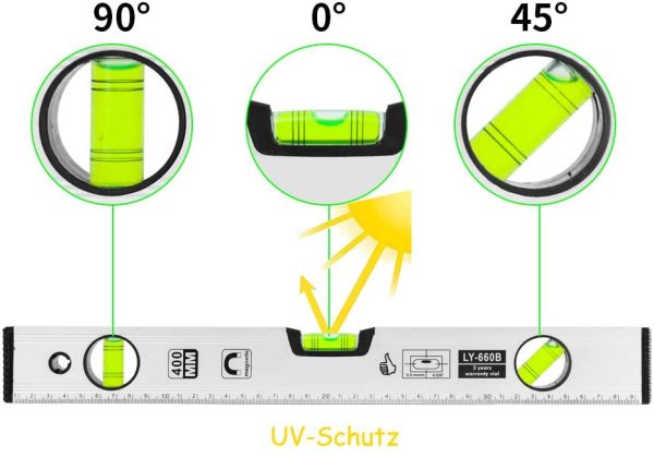 Livella a Bolla 40cm,  Livella con magnetica Antistatica in Lega di Alluminio, Bolla Misurazione Orizzontale/Verticale / 45 ?? (Precisione: 0.75 mm/m) - immagine 9