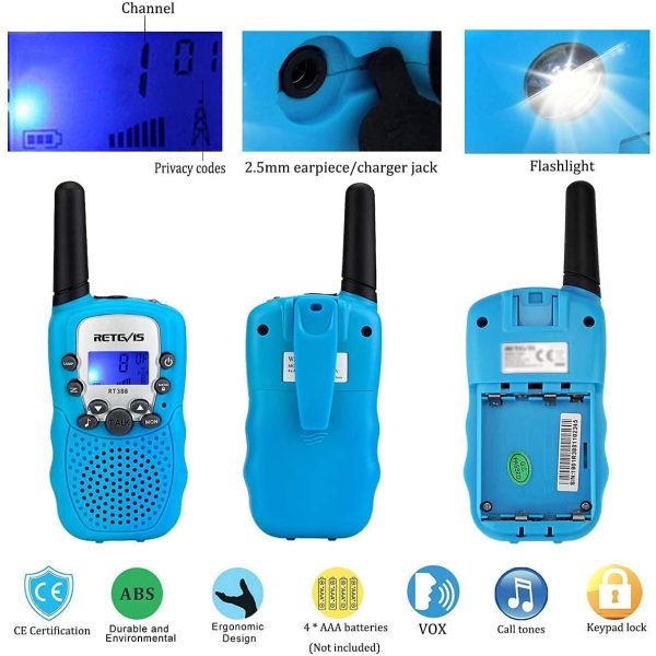 Retevis RT388 Walkie Talkie Bambini a Lungo Raggio, Torcia 8CH VOX per Ragazzi, Giocattoli per Bambini di 3-12 Anni, Regali di Compleanno per Attivit?? Indoor Outdoor (1 Coppia, Cielo Blu) - immagine 2