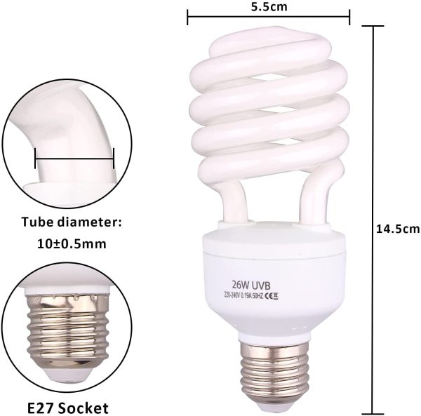 10.0 Lampadina UVB 26W 10% Compatta e Fluorescente per Rettili Migliorare la Sintesi di D3 Alta Uscita UVB per Lucertola Tartaruga E27 - immagine 3