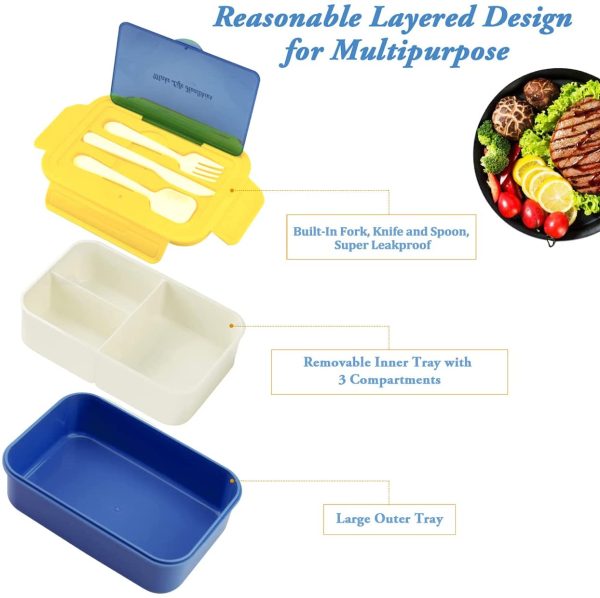 BIBURY Porta Pranzo,Lunch Box Prova di Perdite per Bambini e Adulti,Bento Box con 3 Scomparti e Posate(Forchetta e Cucchiaio),Portapranzo senza BPA,Sicuri per Microonde e Lavastoviglie - blu e giallo - immagine 6