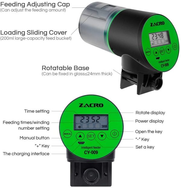 Zacro Mangiatoia Automatica Acquario - Timer Ricaricabile con Cavo di USB Charger, Mangiatoia Pesci con Display LCD, Dispenser Cibo Pesci Automatico - immagine 2