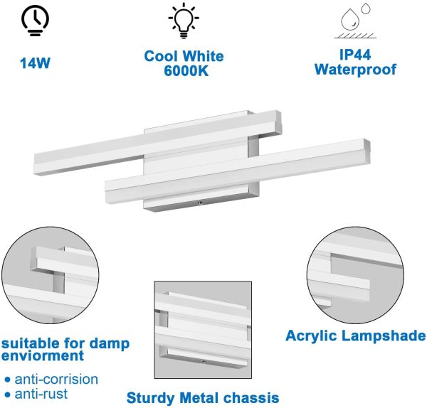 Luce da specchio LED Luce bianca fredda 6000 K Luce per bagno 56CM Luce da specchio bagno Lampada led per specchio bagno Applique da parete interno moderno led 14W IP44 Cromo