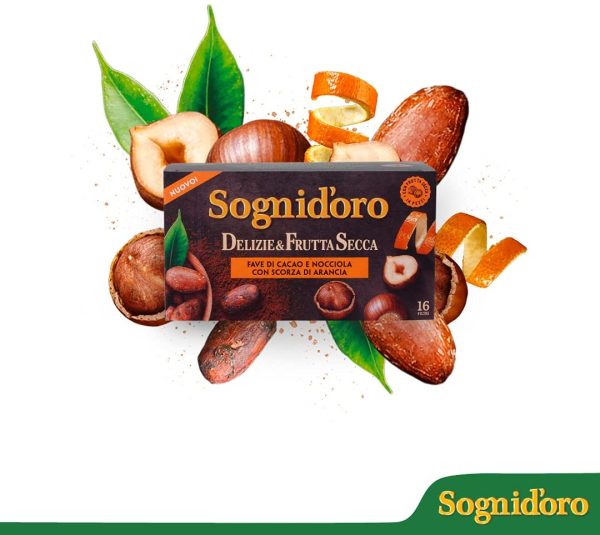 Sogni d'oro Tisana Delizie&Frutta Secca Fave cacao e nocciola con scorza di arancia, Astuccio da 16 Filtri, complemento alimentare, senza calorie. 40 gr