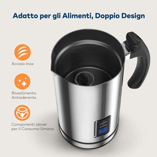 Montalatte Elettrico, 500W Riscaldalatte in Acciaio Inox con Funzione Latte Caldo e Freddo, Schiumatore Automatico per Caff??, Cioccolata Calda, Caff?? Macchiato, Cappuccino, Scaldalatte Elettrico - immagine 6