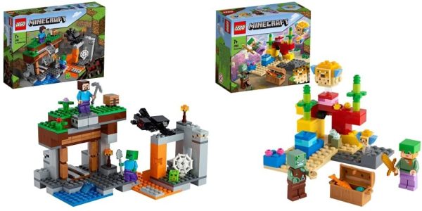 Lego Minecraft La Miniera Abbandonata, Set Di Costruzioni, Grotta Di Zombi Con Slime Vivente & Minecraft La Barriera Corallina, Set Di Costruzioni Con Alex, Zombi Annegato E 2 Pesci Palla, 21164