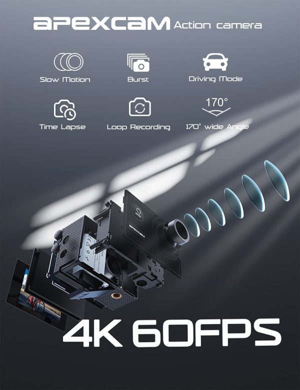 4K 60FPS EIS Action Camera WiFi 20MP Sport Camera Ultra HD Fotocamera Impermeabile 40M Sott'acqua Regolabile Grandangolare Mic Esterno Con Telecomando 2x1350mAh Batterie e Accessori - immagine 6