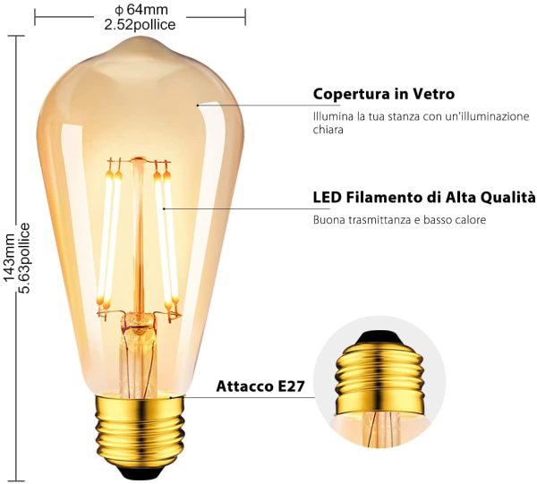 Lampadine di Filamento a LED,  ST64 Stile Edison Vintage, Attacco E27, 4W Equivalenti a 35W, 410 Lumen, Luce Bianca Calda 2500K, Non Dimmerabile ?C Pacco da 6 Pezzi - immagine 2