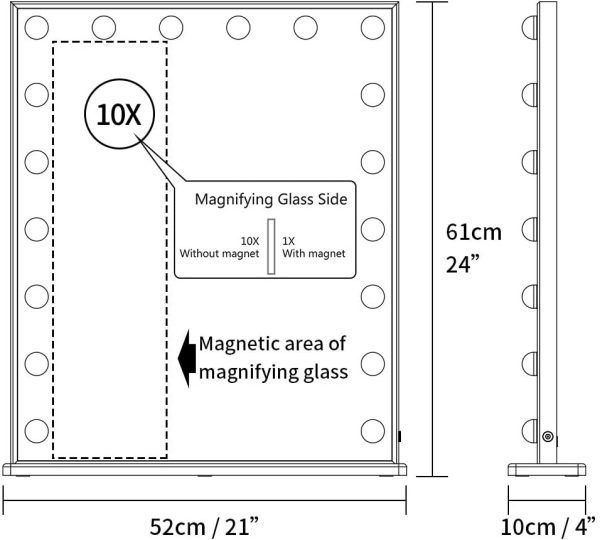 Specchio da Trucco Hollywood Specchio da toeletta con luci a LED 18 Pezzi Specchio da Parete con Specchio 10x ingranditore e Smart Touch Screen Specchietto da Toilette (Argento 52 * 61cm) - immagine 6