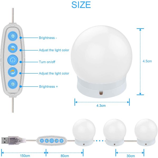 Aourow Luci da Specchio a LED in Stile Hollywood,Lampade da Toeletta con 10 Lampadine Dimmerabili,Lampada da Trucco a LED 5 Modalit?? Colore e 6 Luminosit?? per Specchio Cosmetico - immagine 7