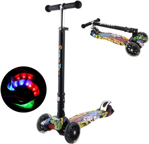 Profun Monopattino Pieghevole con 4 Ruote PU Luminose, Manubrio Regolabile Scooter con Graffiti per Ragazze e Ragazzi dai 3 agli 12 Anni,Carico Massimo 55KG - immagine 2