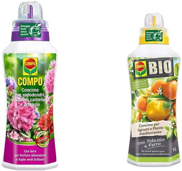 Compo Concime Per Rododendri, Azalee, Camelie E Ortensie & Bio Concime Liquido Per Agrumi E Piante Mediterranee, Con Potassio E Ferro, Con Tappo Dosatore