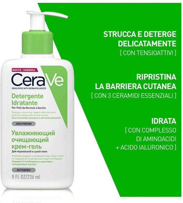 CeraVe Lozione Idratante Viso e Corpo per Pelle Secca, con Acido Ialuronico 473ml + Travel Size Detergente Idratante 20ml - immagine 3