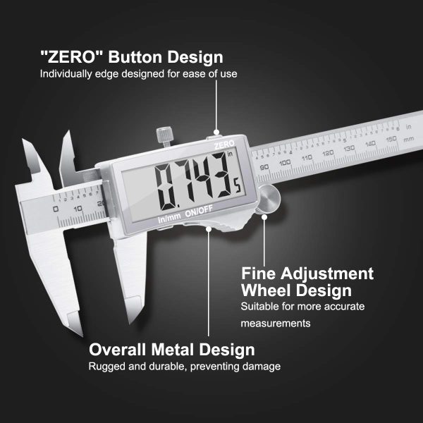 Calibro Digitale,Preciva Caliper metrico da 150 mm/6 pollice elettronico in acciaio inossidabile,resistente agli schizzi,con LCD Schermo Grande e Chiaro Pi?? Preciso e batteria di ricambio - immagine 6