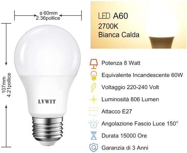 Lampadina LED E27 8W, Equivalenti a 60W, Luce Bianca Calda 2700K, 806Lm, Consumo Basso, Risparmio Energetico, Non Dimmerabile, Pacco da 6 - immagine 7