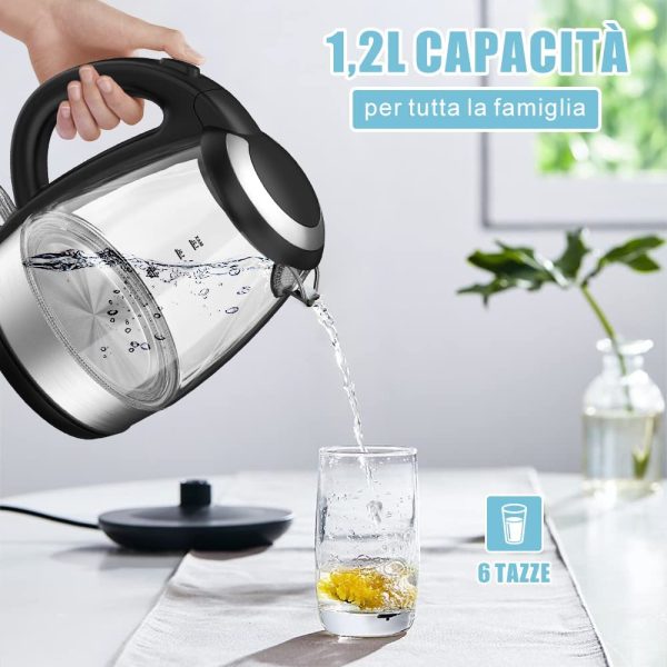 Bollitore Acqua Elettrico, 1.2L, 1500W Bollitore Elettrico in Vetro Con Luce Led a Riscaldamento Rapido , Spegnimento Automatico e Protezione Boil-Dry, BPA Free, Teiera Elettrica da Appoggio - immagine 7