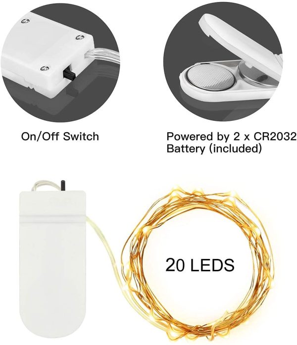 12 Pezzi Luci LED a Batteria, Filo Di Rame Lucine Decorative 2M 20 LEDs Luminosa Natale per Esterni e Interni, Casa, Feste, Matrimonio, Bianco Caldo - immagine 2