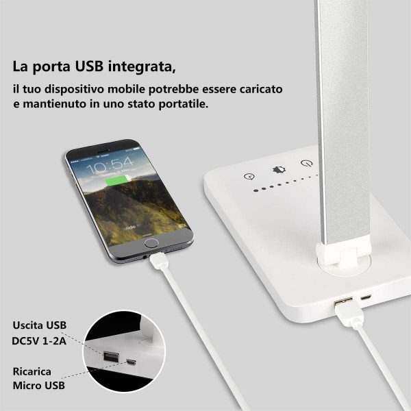 Lampada da Scrivania LED Protezione Degli Occhi, lampada Touch Control Pieghevole per cameretta,ufficio, con porta di ricarica USB, 10 livelli di luminosit?? 5 modalit?? di illuminazione - immagine 4