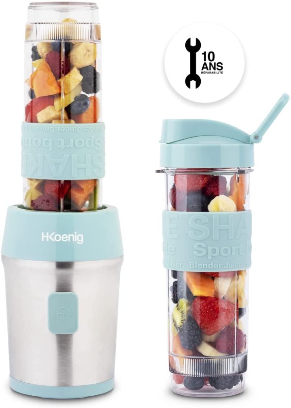 H.Koenig Mini frullatore portatile SMOO16,Compatto 570ml,Senza BPA,4 Lame Inox,300W,2 Bottiglie Portatili,2 Coperchi da Viaggio,Mixer per Smoothie - immagine 2