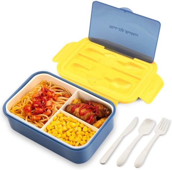 BIBURY Porta Pranzo,Lunch Box Prova di Perdite per Bambini e Adulti,Bento Box con 3 Scomparti e Posate(Forchetta e Cucchiaio),Portapranzo senza BPA,Sicuri per Microonde e Lavastoviglie - blu e giallo - immagine 5