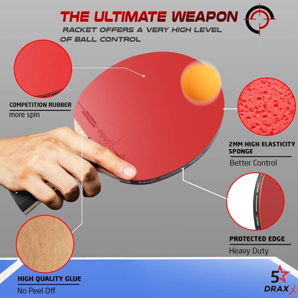 Racchetta da ping pong DRAXX PRO CARBON | 5 stelle | Racchetta da ping pong professionale per allenamento e competizione | compatibile con tutte le palline | gomma regolamentare premium