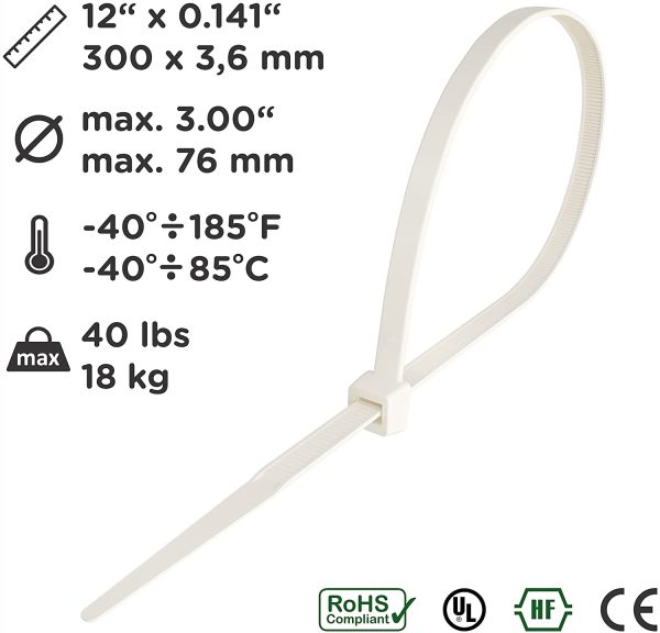 intervisio Fascette Plastica per Cablaggio 300 mm x 3,6 mm, Fermacavo Bianche Elettricista 300mm Nylon Cavi Stringicavo, Bianco - 100 Pezzi - immagine 8