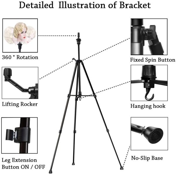 Treppiede per Parrucca, DanseeMeibr Plus Antiscivolo Regolabile (24-64 Pollice) Supporto per Treppiede in Alluminio, Acconciatura Treppiede per formazione parrucchieri con borsa per il trasporto - immagine 5