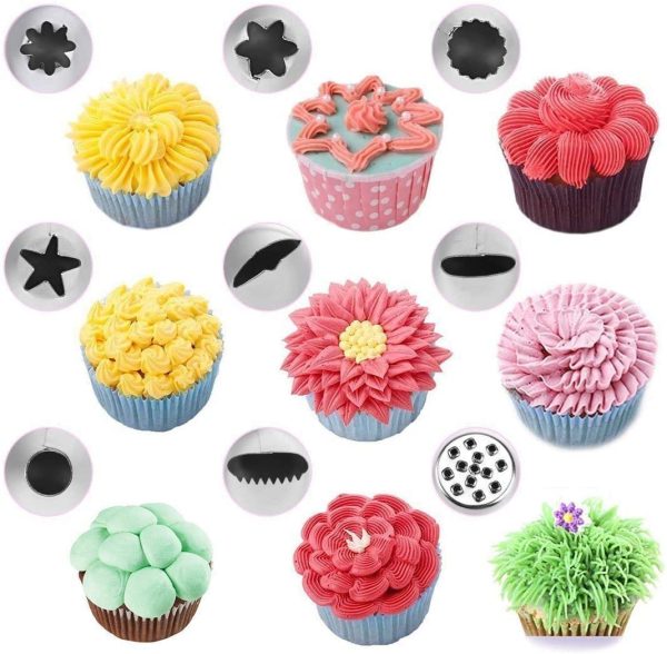 Decorazione Torta,  32 Pieces with 20 Punte in Acciaio Inox, 5 Grande Puntali per piping, 1 Grass Nozzle, 1 Punta a sbuffi, 2 Accoppiatori, Spazzola, 2 Silicone Riutilizzabili Pasticceria - immagine 7