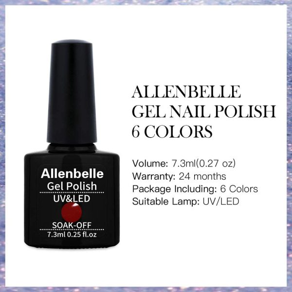 Allenbelle Smalto Semipermanente Nail Polish UV LED Gel Unghie (Kit di 6 pcs 7.3ML/pc) 009 - immagine 4