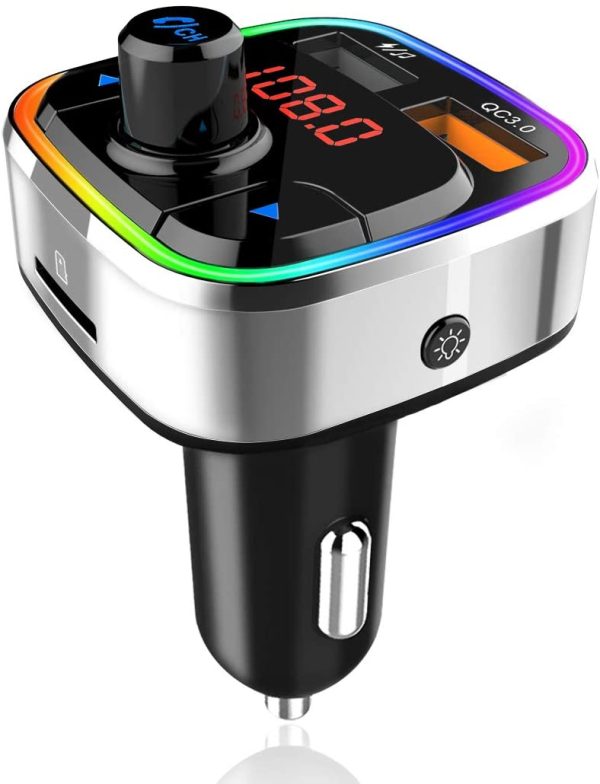 Bluetooth 5.0 Car FM Trasmettitore,Adattatore Audio Radio Auto Wireless Kit Auto Mani libere con QC3.0 & 5V/2.4A USB Car Charger,Retroilluminato Colorata,Supporto Lettore Musicale MP3 TF Card/U Disk