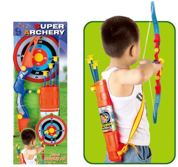 BAKAJI Set Arciere Tiro con l' Arco Giocattolo Bambini Arco Curato in Ogni Dettaglio + Bersaglio da Parete 23 cm 3 Frecce e Portafrecce Gioco Sport Esterno Interno