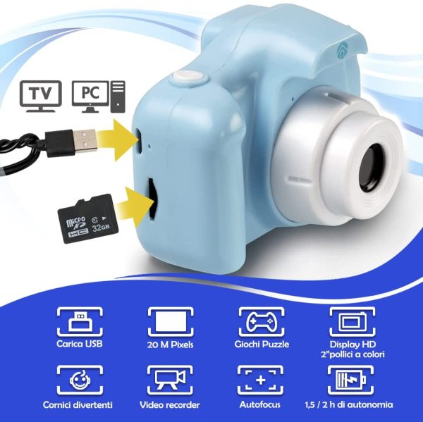 An ShopTo Macchina Fotografica Bambini Fotocamera Bambina e Bambino Azzurra 20Mp Micro SD 32gb Borsa Custodia in Gomma Antiurto Impermeabile Zoom 8X Idea Regalo di Compleanno da 2 a 8 Anni - immagine 7