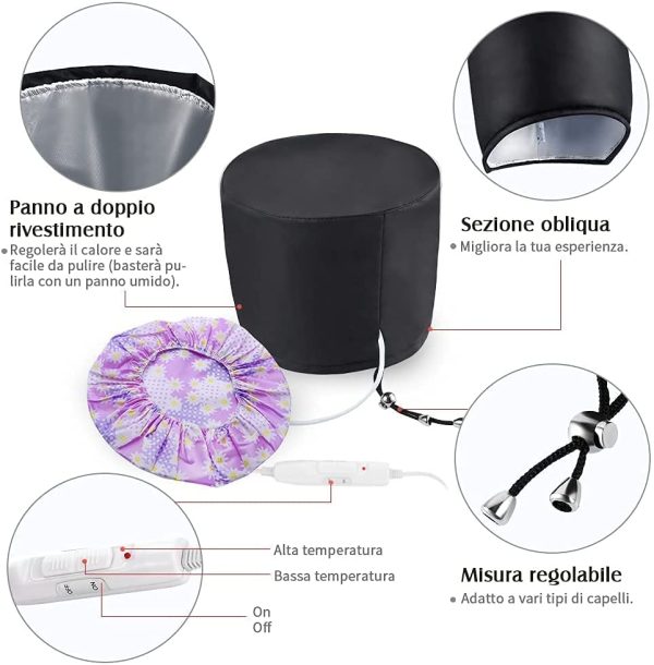 Cuffia Vapore Termica per Capelli Elettrico - Portatile Riscaldante Ricci Trattamento Cappello Professionale Elettrica Steam Cappellino a Temperatura Regolabile a 2 Livelli per Hair Cura Casa / Nero - immagine 6