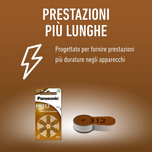 Panasonic PR312 Batterie zinco-aria per apparecchi acustici, Tipo 312, 1.4V, Batterie per apparecchi acustici, 10 confezioni (60 pezzi), marrone - immagine 3