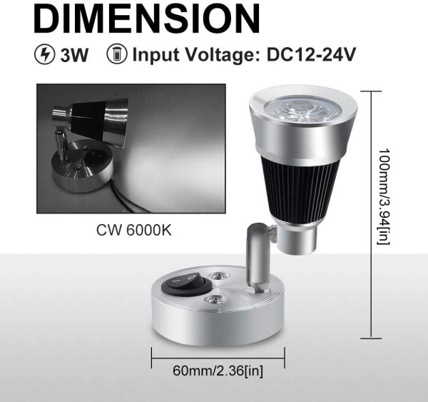 Bonlux 3W 12-24V LED Lampada da Lettura Faretti da Parete Bianco Calda 3000K Basso Voltaggio Illuminazione LED Con Interruttore per Camper Yacht Studio Camera da Letto Confezione da 2 - immagine 4