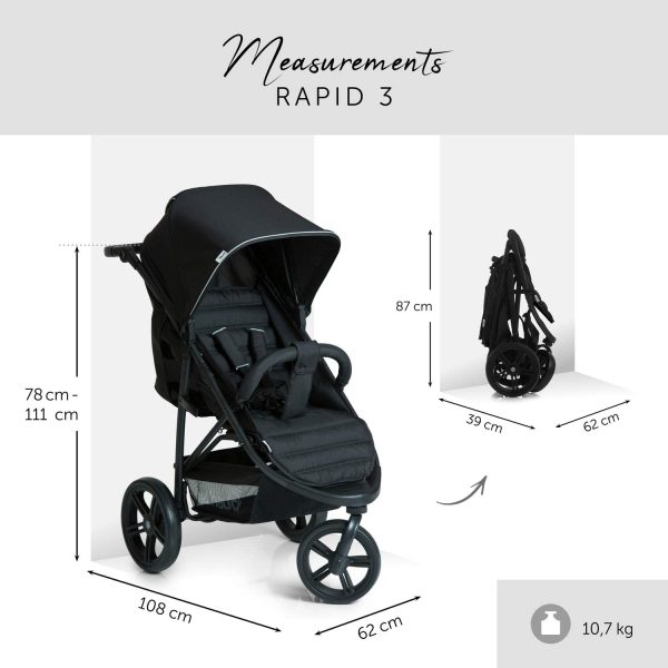 Hauck Passeggino Tre Ruote Rapid 3 per Beb?? e Bambini dalla Nascita, Posizione Nanna, Portata 25 kg, Pieghevole Compatto, Regolabile in Altezza, Grandi Ruote, Grande Cesto, Nero