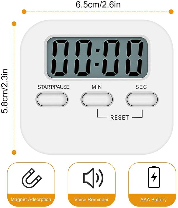 NIAGUOJI - Timer da cucina digitale con grande schermo LCD, timer magnetico con sveglia forte e conto alla rovescia (bianco) - immagine 7