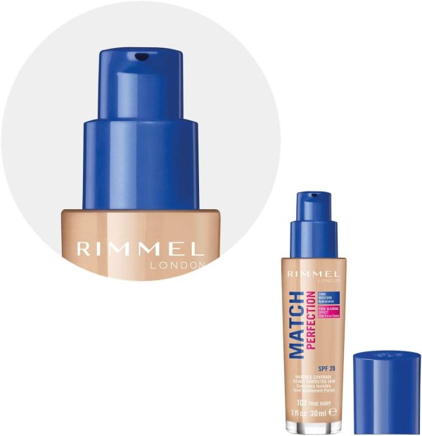 Rimmel London Match Perfection Foundation, Fondotinta Liquido Pelle Perfetta e Levigata No Effetto Maschera a Lunga Tenuta con SPF 20, 103 True Ivory, 30 ml - immagine 4