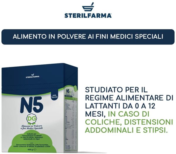 STERILFARMA N5 DG latte in polvere, alimento a fini medici speciali per lattanti, in caso di COLICHE, STIPSI E DISTENSIONI ADDOMINALI IN FASE ACUTA, adatto per lattanti da 0 a 12 mesi. - immagine 5