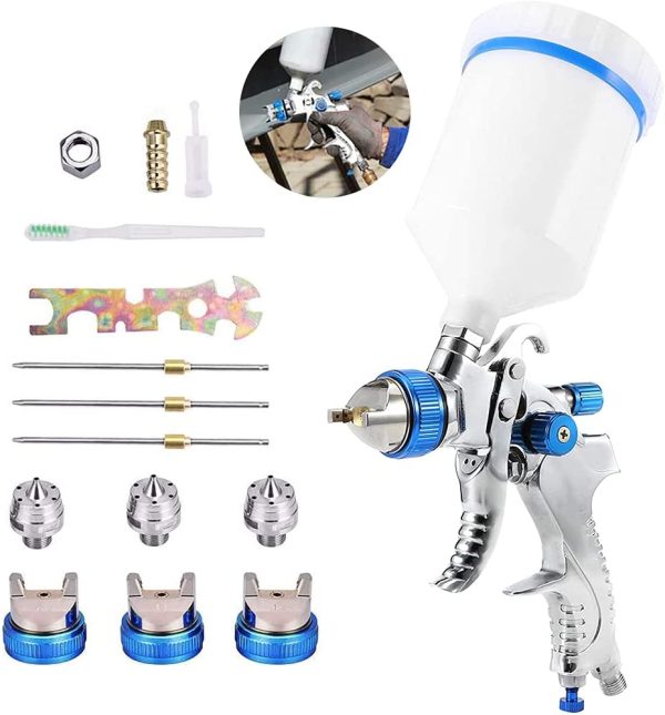 Furado Pistola a Spruzzo,HVLP Pistola Verniciatura Professionale, Aria Alimentazione a gravit?? Kit Pistola Pneumatica per Vernice,Contenitore 600CC Aerografo,3 Ugelli 1.4mm 1.7mm 2.0mm(Blu) - immagine 2