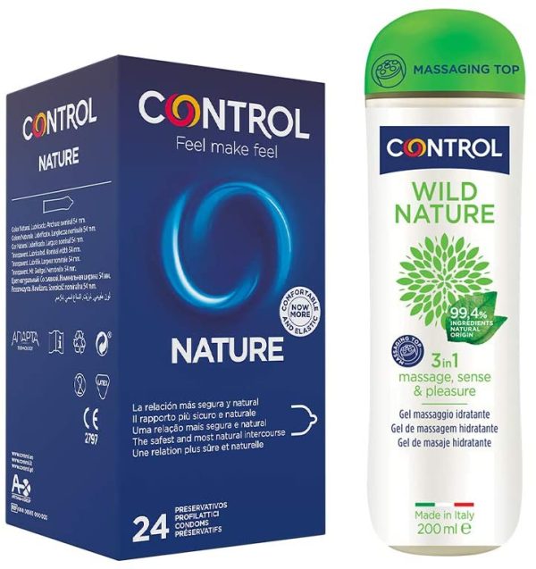 Control Natural Mix cofanetto di 24 preservativi classici e gel massaggio 3 in 1 con 99,4% di ingredienti ad origine naturale