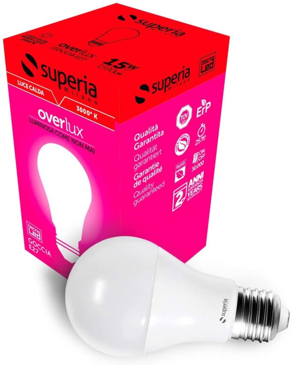 Superia Lampadina LED E27 Goccia, 15W (Equivalenti 85W), Luce Calda 3000K, 1500 lumen, OP15C, Pacco da 10 - immagine 4