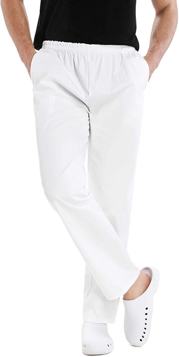 WWOO Uomo Pantalone da Lavoro Bianco Puro Cotone Pantaloni Pantaloni da Infermiere Opaco pantalaccio con Elastico - immagine 3