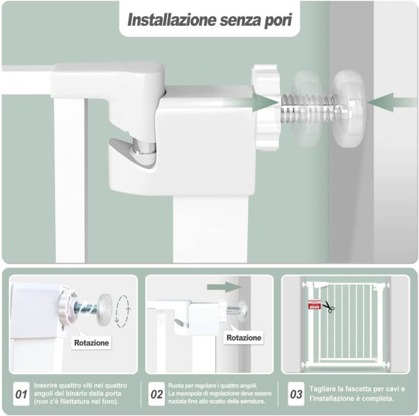 Cancelletto per Bambini, Cancelletto di sicurezza Senza foratura, Cancelletto per Cani Auto-Close, Cancello Sicurezza Bambini 90?? Stop, Estensibile Cancelletti per Bambini, Bianco, 82-89cm - immagine 2