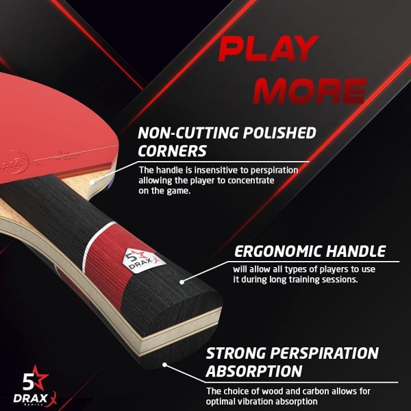 Racchetta da ping pong DRAXX PRO CARBON | 5 stelle | Racchetta da ping pong professionale per allenamento e competizione | compatibile con tutte le palline | gomma regolamentare premium - immagine 5